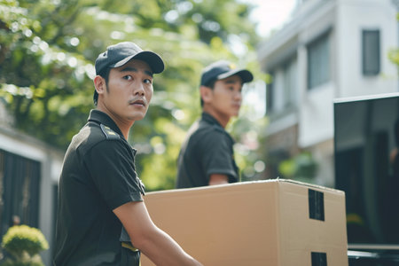 asian male house movers are working bokeh style backgroundの素材