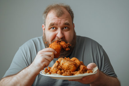 fat man eating fried chickenの素材