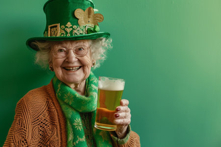 an old irish woman celebrate st.patrick's day with irish beerの素材