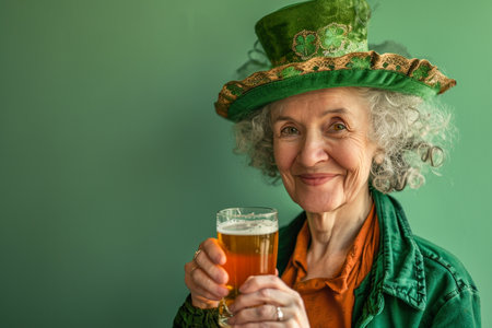 an old irish woman celebrate st.patrick's day with irish beerの素材