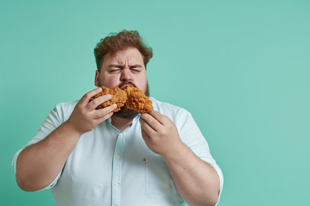 fat man eating fried chickenの素材