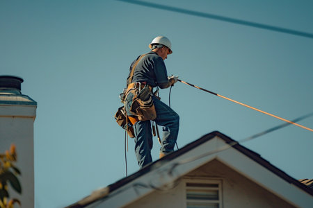 a technician repairing an antenna on the roofの素材