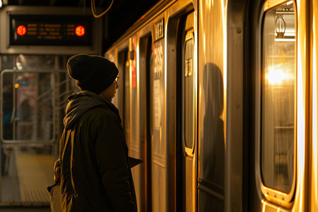 the guy standing in front of the subway car electric doorの素材