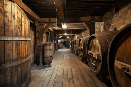 the rows of wine barrels in the basement roomの素材