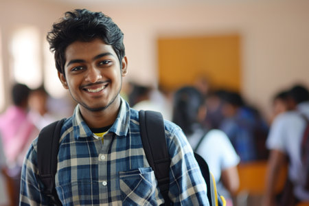 male indian student at the school on the bokeh style backgroundの素材