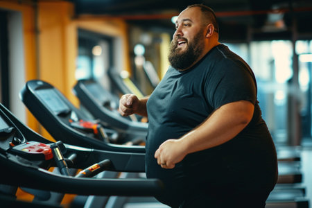 fat man running on the treadmill in the gym bokeh style backgroundの素材