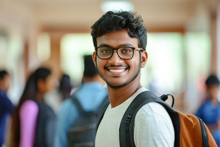 male indian student at the school on the bokeh style backgroundの素材
