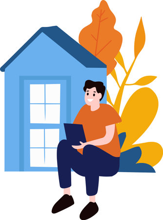 a man searching real estate from laptop flat style isolated on backgroundのイラスト素材
