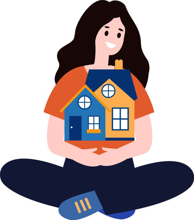 a woman holding house flat style isolated on backgroundのイラスト素材