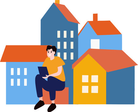 a man searching real estate from laptop flat style isolated on backgroundのイラスト素材