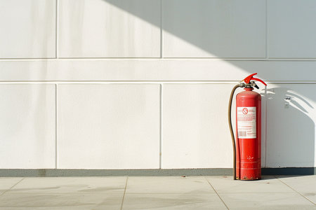 A fire extinguisher in front of the white wallの素材