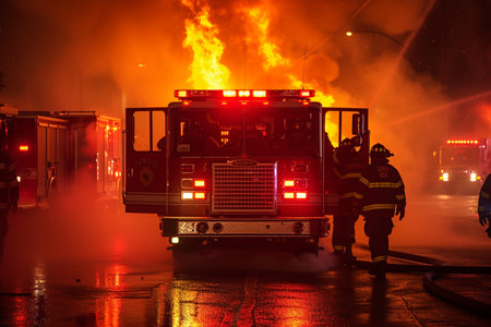 Fire truck and firefighters team are extinguishing fireの素材