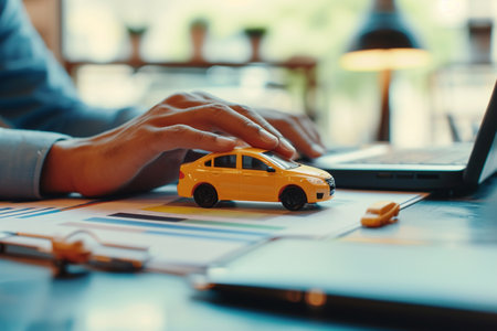 businessman with car model car insurance symbol bokeh style backgroundの素材
