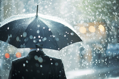 Businessman holding an umbrella in the rain bokeh style backgroundの素材