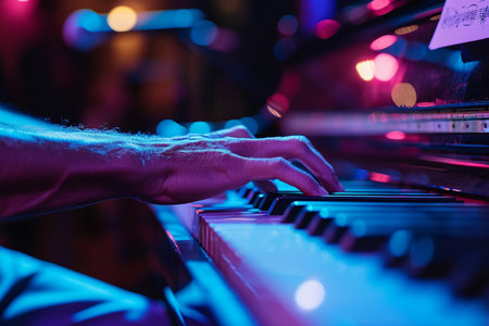 male keyboard player playing the keyboard in the concert bokeh style backgroundの素材