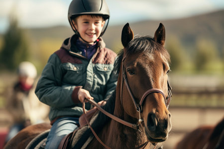 young boy riding horse bokeh style backgroundの素材