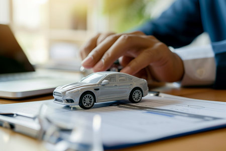 businessman with car model car insurance symbol bokeh style backgroundの素材