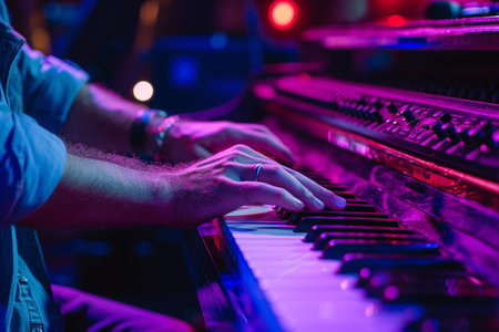 male keyboard player playing the keyboard in the concert bokeh style backgroundの素材