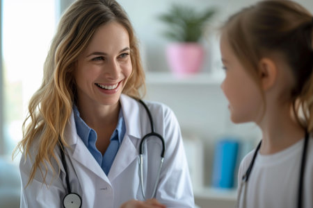 doctor with little girl kid smiling bokeh style backgroundの素材