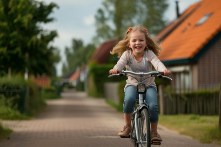 young girl kid riding a bicycle bokeh style backgroundの素材