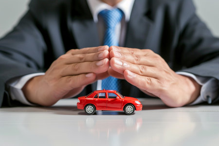 businessman with car model car insurance symbol bokeh style backgroundの素材