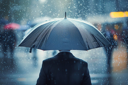 Businessman holding an umbrella in the rain bokeh style backgroundの素材