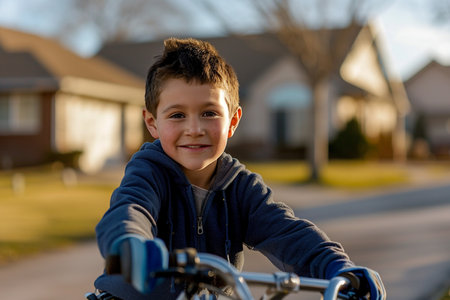 young boy kid riding a bicycle bokeh style backgroundの素材