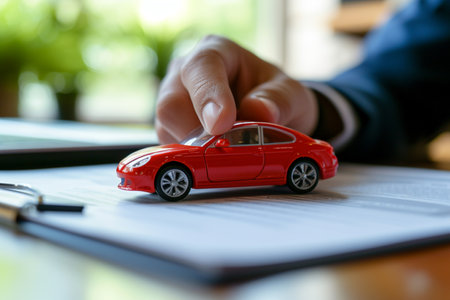 businessman with car model car insurance symbol bokeh style backgroundの素材
