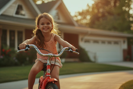 young girl kid riding a bicycle bokeh style backgroundの素材