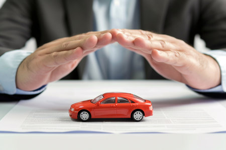 businessman with car model car insurance symbol bokeh style backgroundの素材