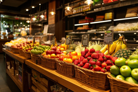 Fresh fruit in the supermarket bokeh style backgroundの素材
