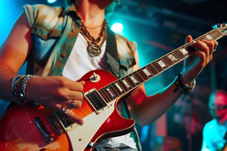male guitarist playing electric guitar in the concert bokeh style backgroundの素材