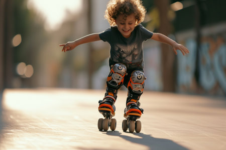 young boy kid playing roller skates bokeh style backgroundの素材
