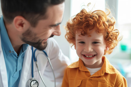 doctor with little boy kid smiling bokeh style backgroundの素材