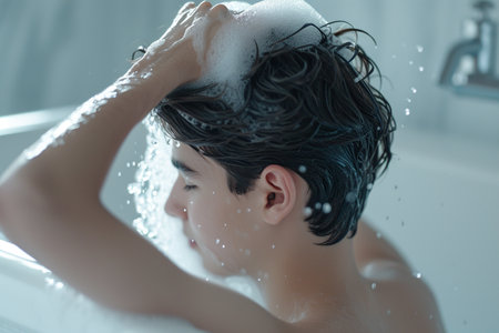 a man washing his hairの素材