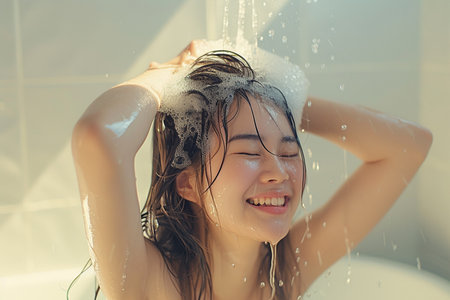 young girl kid washing her hairの素材