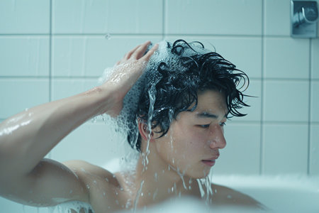a man washing his hairの素材