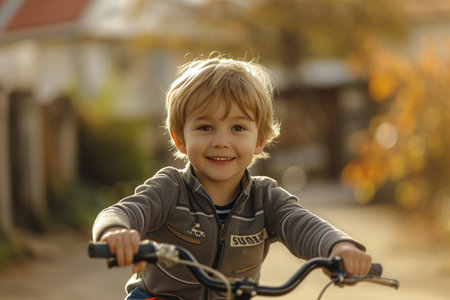 young boy kid riding a bicycle bokeh style backgroundの素材
