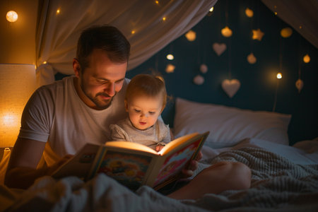 father reading story tale to his son at night bokeh style backgroundの素材