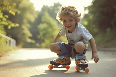young boy kid playing roller skates bokeh style backgroundの素材