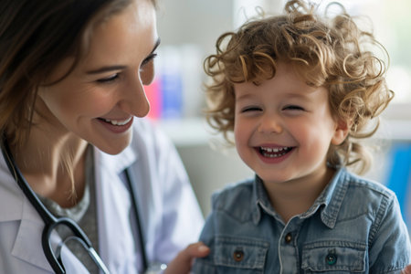 doctor with little boy kid smiling bokeh style backgroundの素材