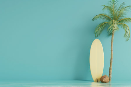 3d Surfboard and coconut trees on the backgroundの素材