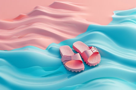 sandal and 3d elements on the beach backgroundの素材