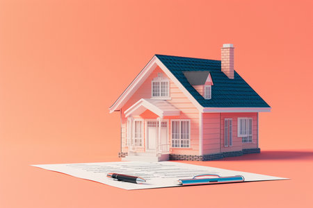 real estate concept house and trading contract 3d model elements on backgroundの素材