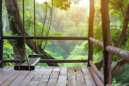Swing in front of nature view bokeh style backgroundの素材