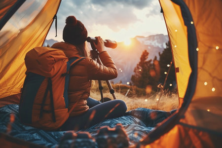 a woman camping and stargazing bokeh style backgroundの素材
