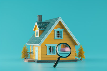 real estate concept house and magnifying glass 3d model elements on backgroundの素材