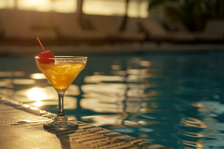 an alcohol drinks by the swimming pool bokeh style backgroundの素材