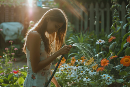a woman watering plants bokeh style backgroundの素材