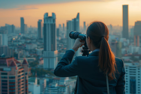 Businesswoman looking into binoculars bokeh style backgroundの素材